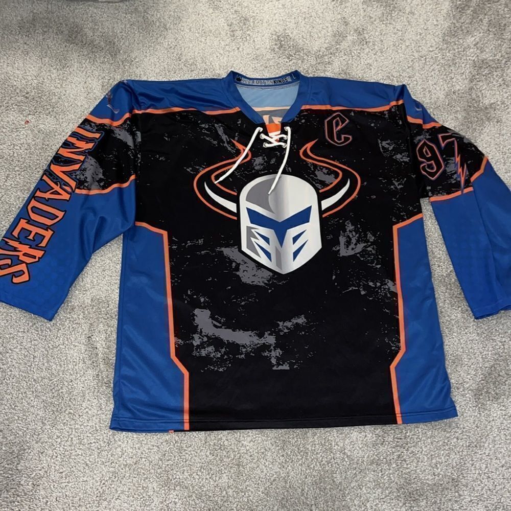 Sublimation Kings Invaders men’s Blue drawstring hockey JERSEY Mazurick 97 Sz L